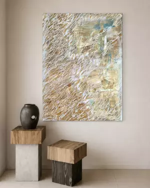 Textured abstract landscape painting with ochre and white layered markings, contemporary organic wall art by Australian arti…