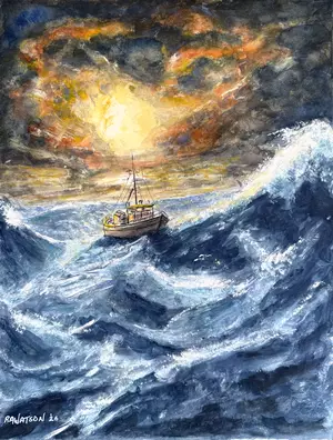A tiny fishing boat struggles to survive mountainous seas with failing light. An epic tale of bravery and determination.