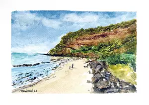 Prominent, texturized bluff, the sandy shore dotted with lone figures, and the calming blue shallows of the iconic coastal l…