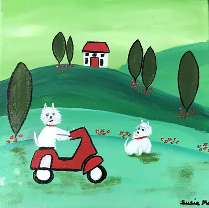Two West Higland White Terriers learning to ride the Scottie Scooter that the Scottish Terriers have lent them. Fiona is mak…
