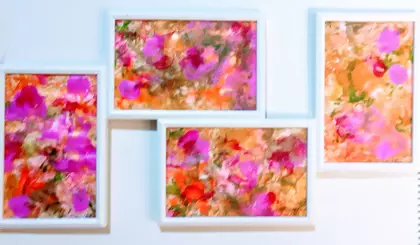 Floral abstracts using acrylic pouring paint and acrylic ink on paper in 4 separate but joined white frames.