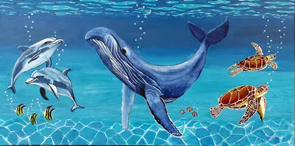 Whale, turtle, and dolphins swimming underwater