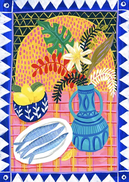 #Europe #Mediterranean #long lunch #food #sardines #lemons #colourful #tablecloth