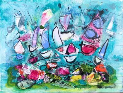 Abstract painting with vibrant sailboats on a dynamic blue sea, bold colours, energetic brushstrokes and a vivid sky, captur…