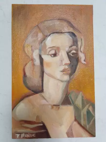 Art Deco woman wearing angular corsage, head shot,