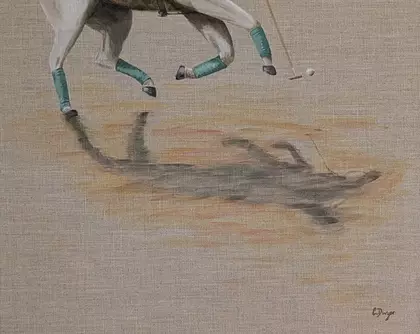 A polo horse from the waist down, playing on a field with the shadow as the focus.