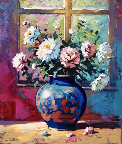 Vase of peony flowers in front of a window. Bold colours and loose brush work.