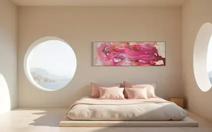 Splashes of swirling magenta dance across a cream, brown and pink surface.