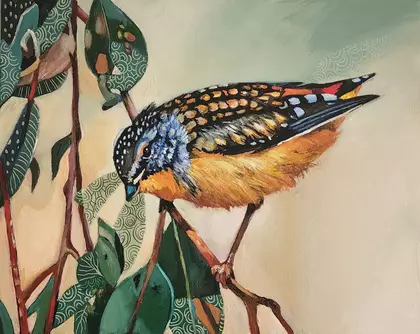 A perching Pardalote among leaves treated in a semi abstract manner.