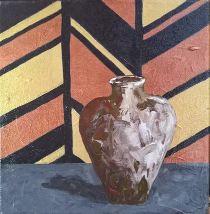 A small still life painting featuring a ceramic vase placed on a grey surface against a geometric background of intersecting…