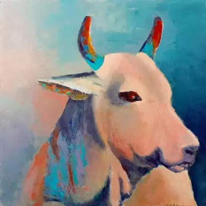 Colorful cow acrylic painting on wooden panel