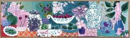 Table top art Good times around a table of flowers, blue and white China,, song, books, wine glasses and birds