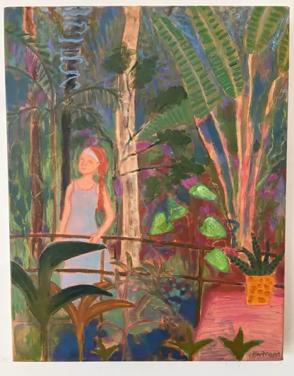A young woman walking through a lush Australian botanical garden with a table and plant to give a inside outside viewpoint