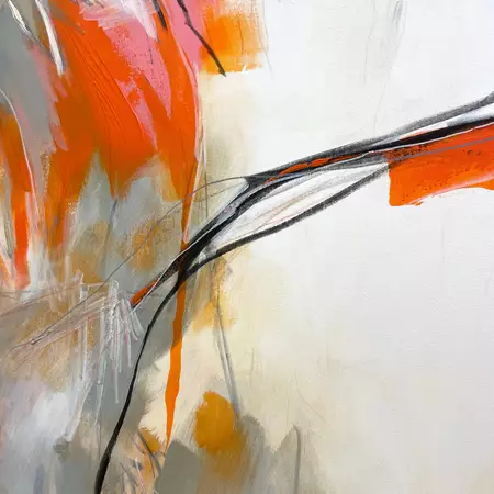 bold lightly textured marks in black and white, green, grey, beige orange, blue and green expressive ma… — artist's signature