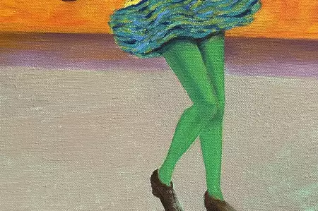 Woman dancing on the beach with her goat and sheep next to Brighton beach huts — detail