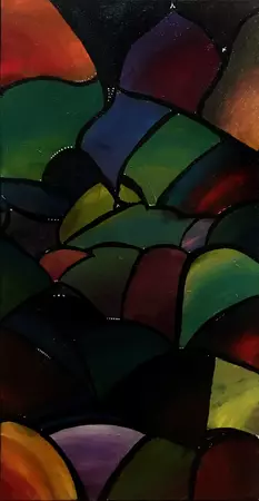 Painting is a long portrait size with peaked circles overlapping each other like scales. They cover the colour spectrum in r…