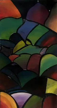 Painting is a long portrait size with peaked circles overlapping each other like scales. They cover the colour spectrum in r…