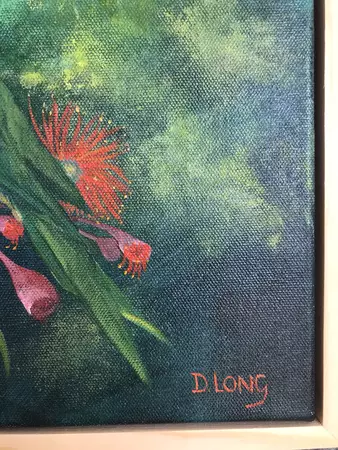 Rainbow lorikeets feasting on gum flowers. — artist's signature