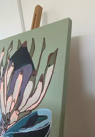Abstract mixed media painting of a Protea flower in half bloom, on an olive green background. — edge view