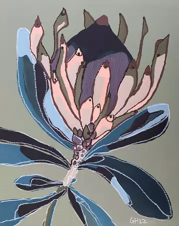 Abstract mixed media painting of a Protea flower in half bloom, on an olive green background.