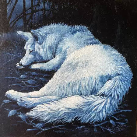 White wolf animal sleeping in forest