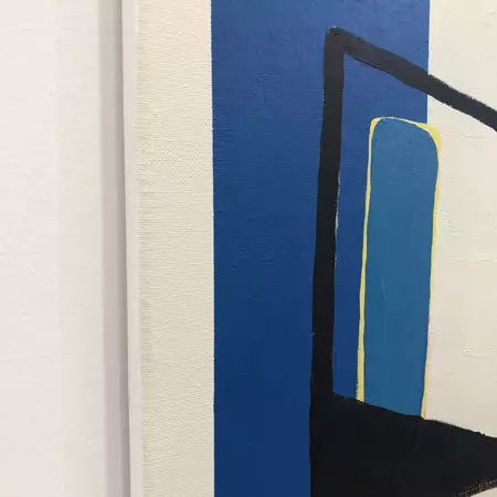 Acrylic abstract painting on canvas of intuitively developed forms and hues. — edge view
