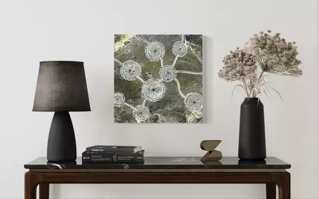 Organic shades of grey-green with markings in an aboriginal design