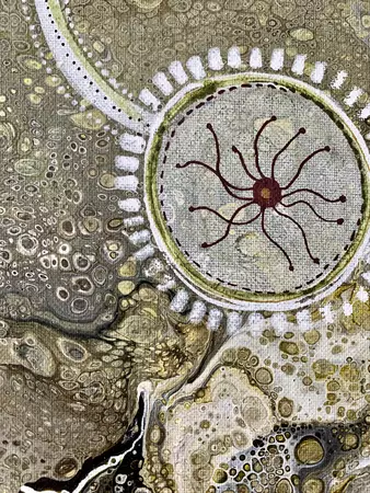 Organic shades of grey-green with markings in an aboriginal design — artist's signature