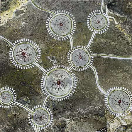 Organic shades of grey-green with markings in an aboriginal design