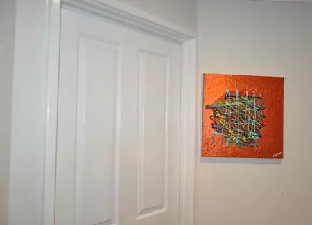 abstract, squiggles, blobs, swirls, metallic copper. — shown hanging