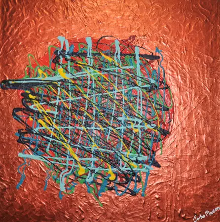abstract, squiggles, blobs, swirls, metallic copper.
