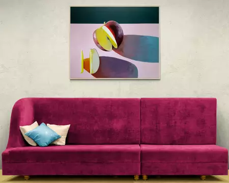 Apple with colourful shadows — shown hanging