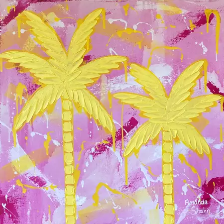 Textured yellow palm trees on pink background