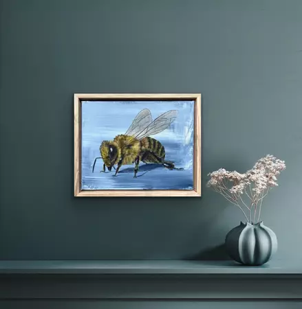 Photo realistic bee on distressed grey background — shown hanging