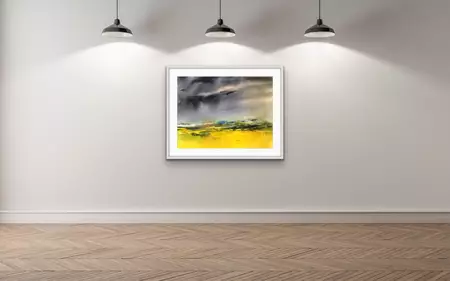 Stormy dark skies soon to cool a still warm earth of vivid gold. — shown hanging