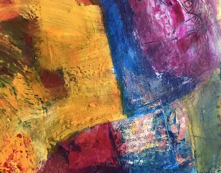 A lady sits alone in a field of brightly coloured wildflowers facing the horizon under a creamy coloured sky. — detail