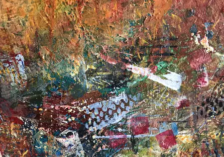 A lady sits alone in a field of brightly coloured wildflowers facing the horizon under a creamy coloure… — artist's signature