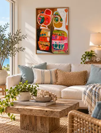 Vibrant, colourful abstract with random organic shapes. — shown hanging