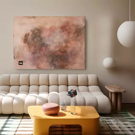 A large colourful abstract painting with a still life painting of a mandarin segment in the corner of the canvas