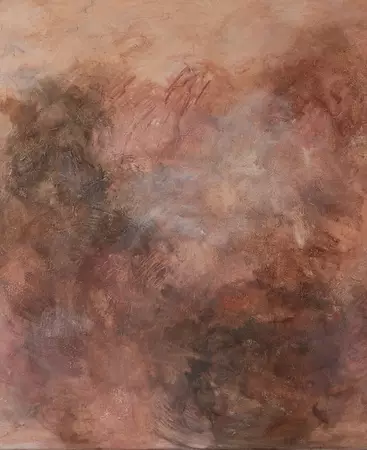 A large colourful abstract painting with a still life painting of a mandarin segment in the corner of the ca… — shown hanging