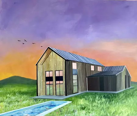 A barn style building set on a field with a pool against a vibrant sky of purple and orange