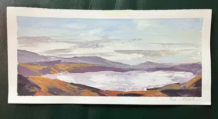 Pallette knife painting of mountains and lake/loch — edge view