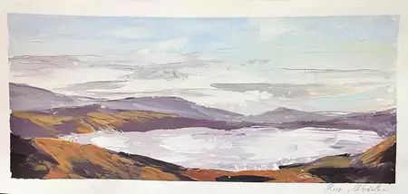 Pallette knife painting of mountains and lake/loch