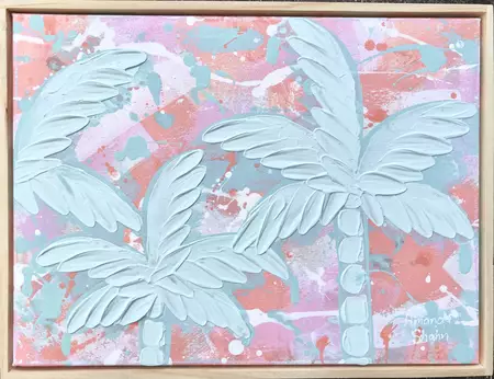 Three textured blue palm trees on orange and pink background