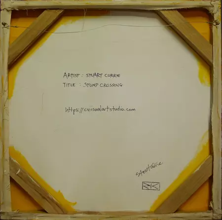 an abstract acrylic painting referencing the logging industry — artist's signature