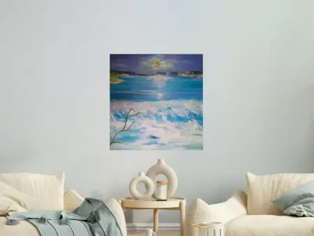 Setting Sun over the waves — shown in a room setting