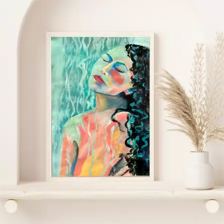 A painting of a beautiful woman taking a shower. — artist's signature
