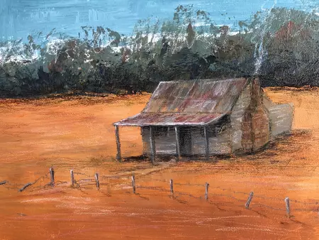 'Outback hut’ Acrylic and artist crayon on canvas (91x91cm) Ready to hang Comes with certificate of aut… — artist's signature