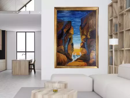 A gap between two cliff faces with a channel in between. — shown in a room setting