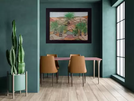 Using shape and colour to identify the movement of ground in farming paddocks, dry under the harsh… — shown in a room setting